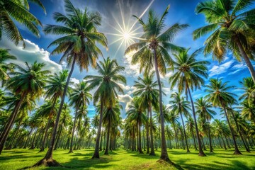 Obraz premium Surreal Dreamy Coconut Palm Trees, Vibrant Blue Sky, Tropical Paradise Background