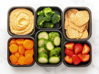 Healthy snack box hummus veggie sticks and pita chips for balanced eating home kitchen food photography