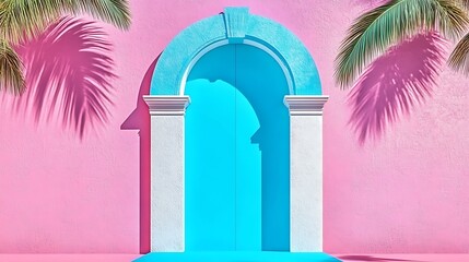 Pink wall with turquoise archway and palm shadows.