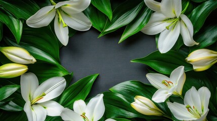 Obraz premium Elegant White Lilies with Green Leaves Forming a Border on Dark Background