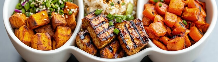 Grilled tofu dinner bowls home kitchen food photography cozy setting close-up healthy eating concept