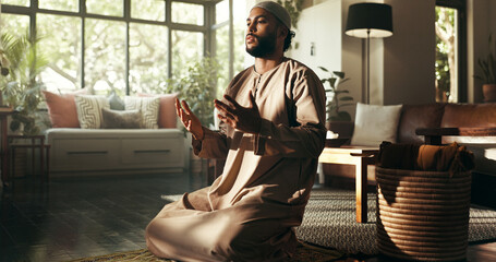Islam, worship and dua with man in home for ramadan kareem, spiritual and prayer. Floor, faith and eid Mubarak with muslim person and salah in living room for gratitude, Allah praise and religion
