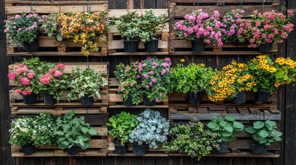 Fototapeta premium Colorful plants in wooden pallet wall decor. Possible stock photo use home decor