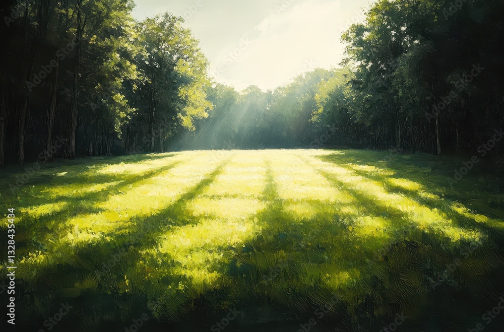 Poster serene sunlit meadow with gentle shadows from trees creating a peaceful atmosphere in a lush green l