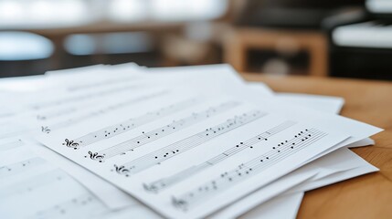 Sheet music on wood table, blurry background
