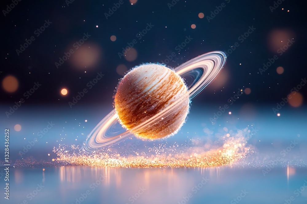 Aufkleber a glowing planet with rings surrounded by sparkling particles in a cosmic setting.