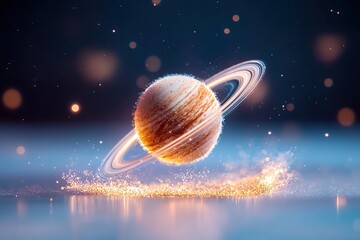 A glowing planet with rings surrounded by sparkling particles in a cosmic setting.