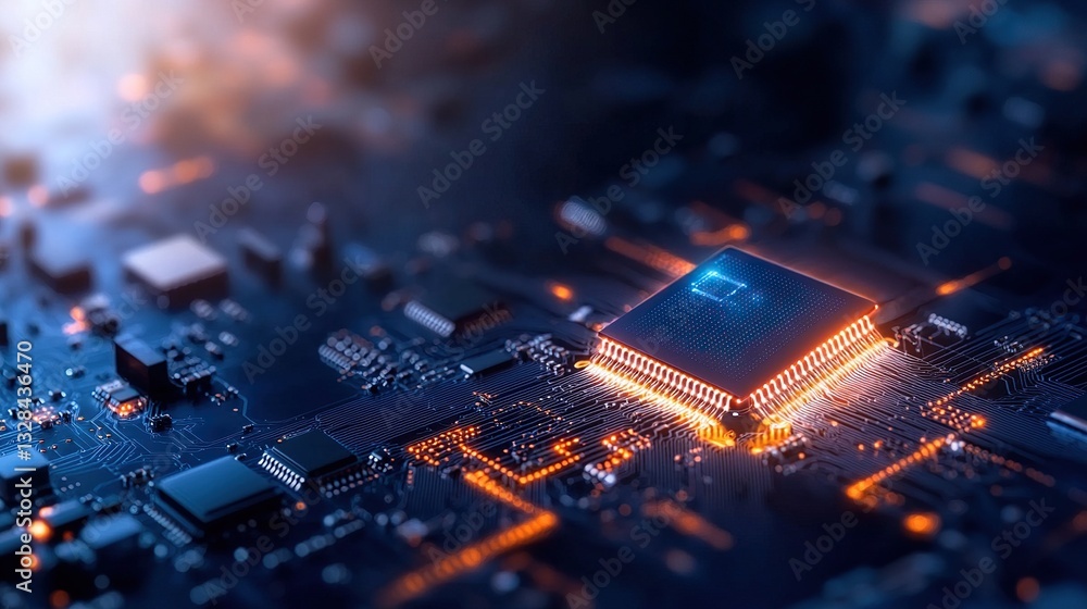 Poster close-up of a glowing microchip on a circuit board with intricate details and lighting effects.