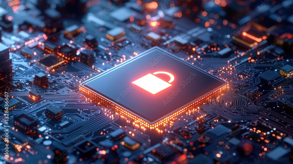 Poster digital circuit with a glowing padlock symbol, representing cybersecurity and data protection.