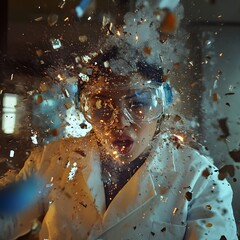 Dramatic fiery explosion with brilliant bursts of light and energy