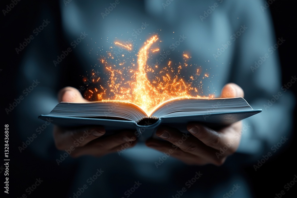 Poster a person holds an open book with glowing light and sparks emerging from its pages.