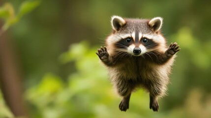 Fototapeta premium Flying Raccoon Leaping in Nature