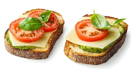 Avocado toast with tomatoes and cheese isolated