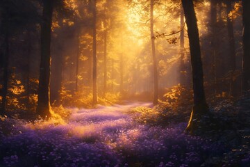 Obraz premium Tranquil forest clearing bathed in golden sunlight with a vibrant purple carpet of flowers