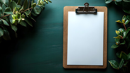 Clipboard with Blank Paper on Blue Desk Surrounded by Office Supplies