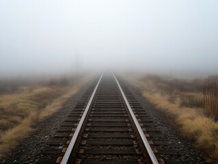 Fototapeta premium Foggy Railroad Tracks Vanishing Point.