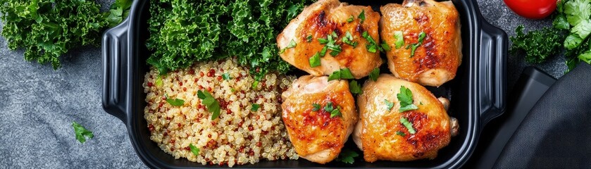 Healthy roasted chicken meal prep with quinoa and kale kitchen food photography cozy space top-down view fitness focused