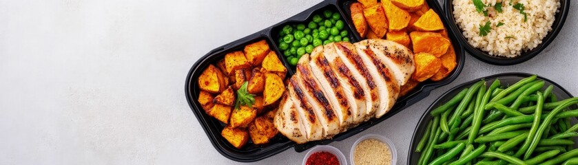Meal prep boxes showcase in a sleek kitchen healthy food arrangement modern environment top-down view for efficient cooking
