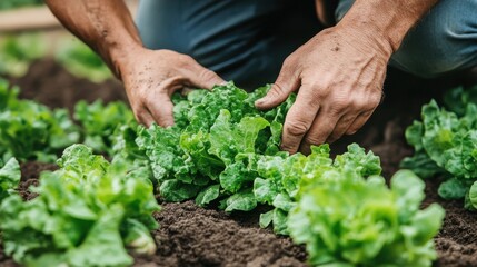 Fototapeta premium Farmer's hands tending to lush green lettuce. Shows organic farming, healthy food production.