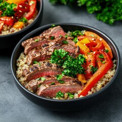 Fototapeta premium Healthy meal prep stylish bowls with lean steak and quinoa home kitchen food photography modern dining clean eating concept