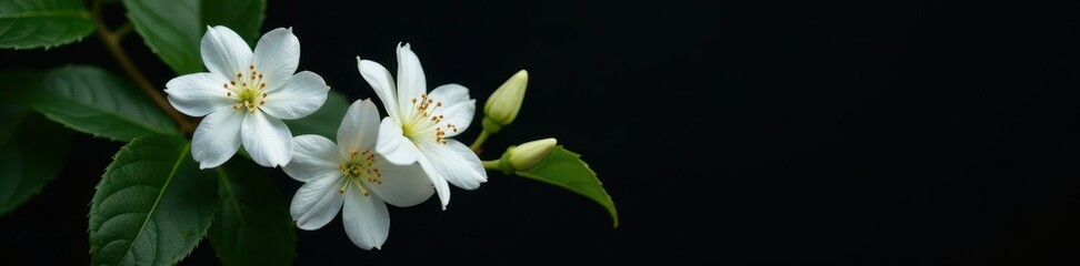Delicate white jasmine blossoms contrast sharply against a deep black background , elegant, spring, flowers