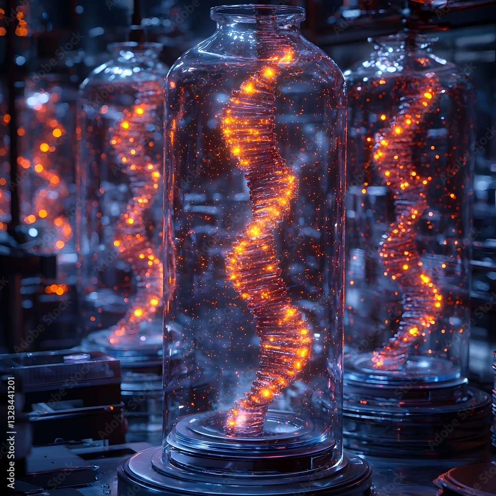 Poster glowing holographic dna strands showcasing the futuristic process of writing and retrieving digital 