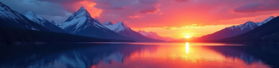 Fototapeta premium Fiery sunset, snow-capped peaks, tranquil lake, purple, AI art