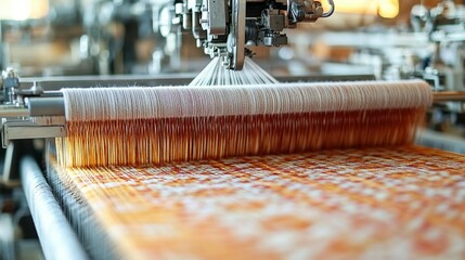 Close-up of industrial loom weaving fabric with orange and white yarn.
