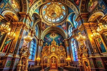 Obraz premium Surreal Ornate Church Interior: Lavish Gold & Jewel-Toned Decorations