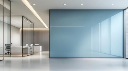 A modern, minimalist office interior with a large wall dividing the space from a view of another office area