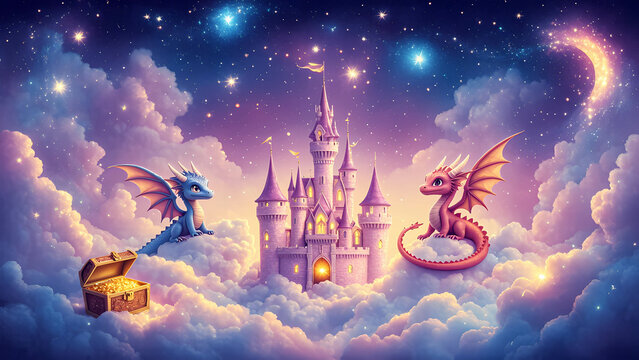 A whimsical seamless pattern featuring magical castles, friendly dragons with tiny wings, and sparkling shooting stars