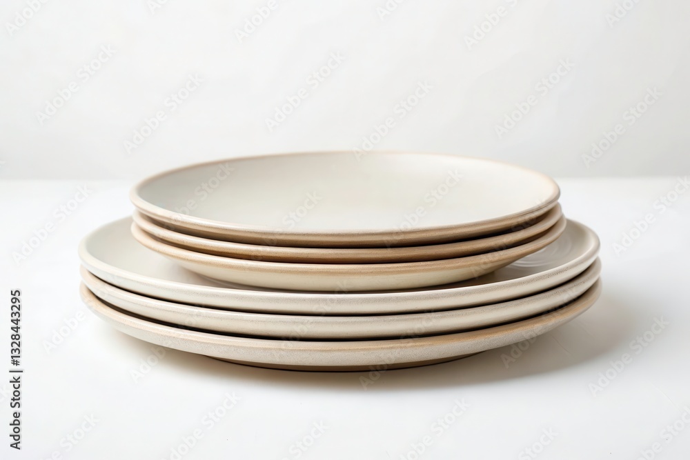 Poster stack of neutral ceramic plates arranged neatly on a white surface in soft natural light generative 