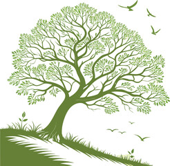 Stylish Green Tree with Birds Vector Illustration