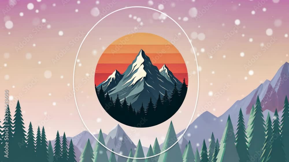Poster a mountain with a forest in the background. the mountain is covered in snow. the background is orang