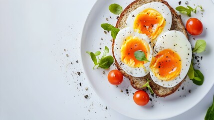 Sliced soft boiled eggs on white background