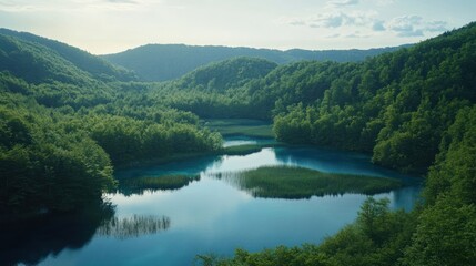 Fototapeta premium Serene mountain lake, lush green forest, calm water, scenic landscape, nature background