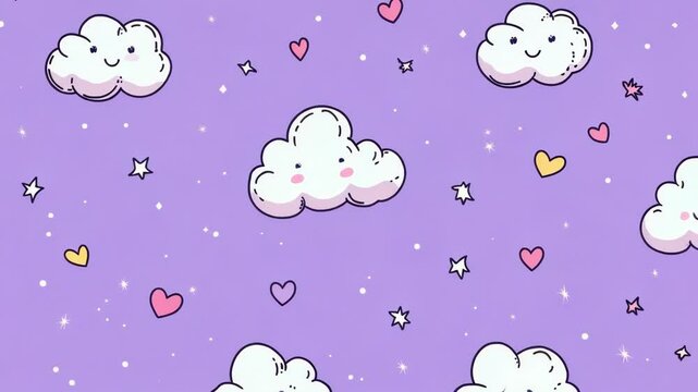 Playful clouds and hearts create a whimsical purple background.