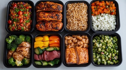 Weekly meal prep lean protein containers home kitchen food layout organized environment top-down view healthy eating concept