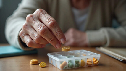 Close-up of senior hand sorting colorful pills into a weekly medicine organizer on a wooden table.