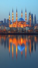 Fototapeta premium A grand mosque reflecting in the calm water at nighttime