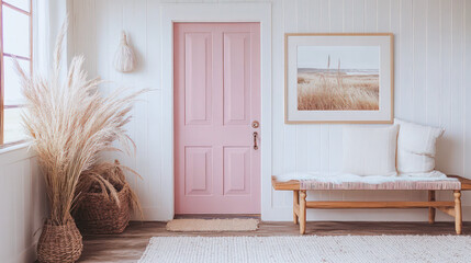 A white and pink room with a bench and a framed painting on the wall. The room has a calm and peaceful atmosphere.