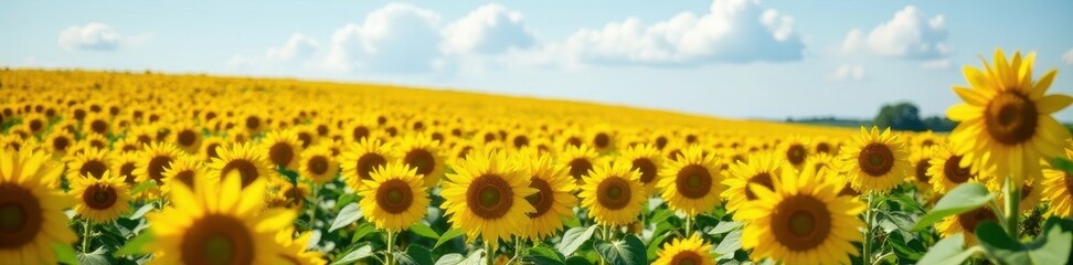 Fototapeta premium Rolling hills of sunflowers, Kansas Abundant sunny yellow blossoms , sun, countryside