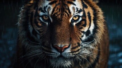 Rain-soaked Tiger's Intense Gaze