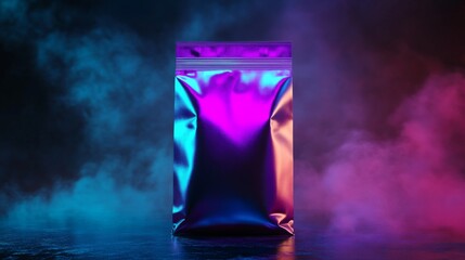 Luxury coffee bag with dark iridescent colors like purple and blue, set against a moody background with ambient lighting. 8K render. 