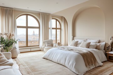 Bright Master Bedroom Interior with City View and Natural Light