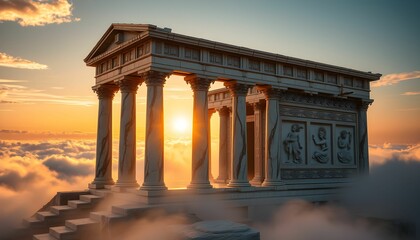 Obraz premium Ancient Temple Above the Clouds at Sunset: A Serene Vista