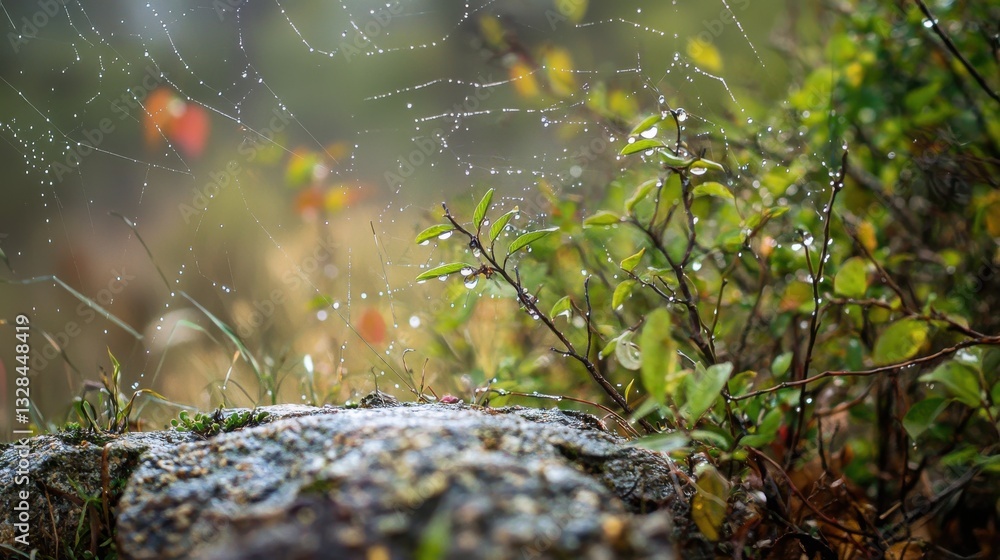Poster dew-covered spider web on a rock surrounded by greenery in a misty forest setting with autumn leaves