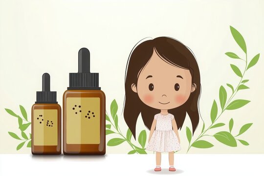 A cute illustration of a girl standing next to two dropper bottles, surrounded by green leaves, evoking themes of wellness and natural products.