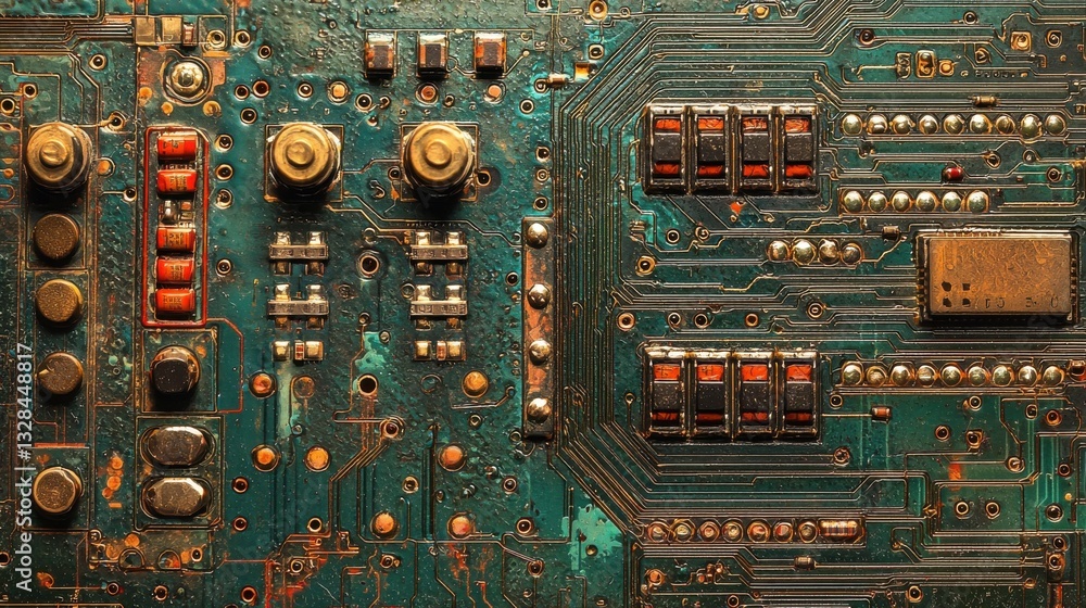 Poster close-up view of an old circuit board with various electronic components and detailed connections