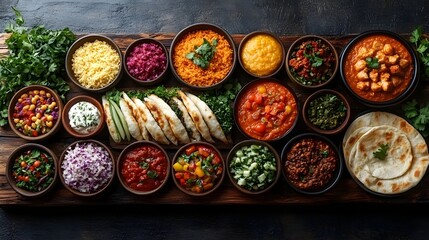 Fototapeta premium Artistic Display of Global Street Food on Rustic Table